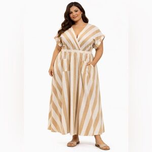 Ashley Stewart Tan and White Striped Linen Cotton Maxi Dress